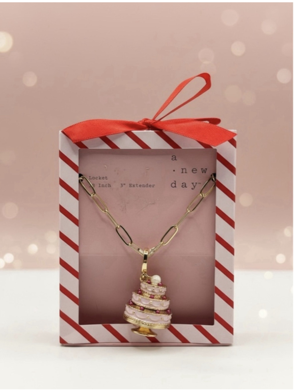 A New Day Pink Cake Locket Pendant Necklace Gold Tone Holiday Gift New